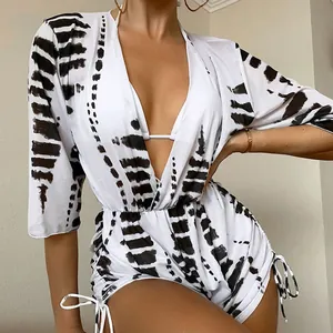 Sexy set bikini 3 pezzi con copricostume in mesh stampato a vita alta da donna