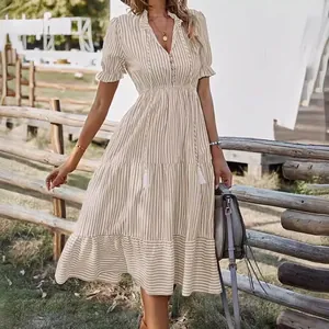Bohemian women's striped summer V-neck tiered midi dress with short puff sleeves
