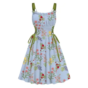 Cottagecore light blue floral swing dress with strawberry print and metal ring straps