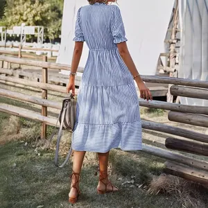 Summer blue and white striped V-neck short sleeve tiered midi dress with elastic waist