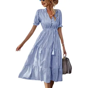 Elegant women's blue and white striped V-neck dress with short sleeves and elastic waist