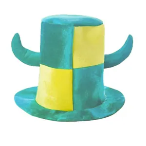Funny blue and yellow checkered fan hat with horns for Scottish soccer supporters