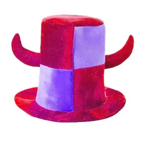 Detailed view of a plush red and purple checkerboard novelty fan hat with devil horns