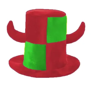 Close-up detail of a red and green checkered plush fan hat with decorative horns