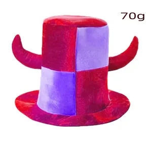Close-up of a red and purple checkered novelty fan hat with plush devil horns detail