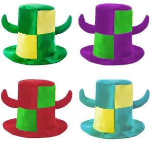 Detail view of colorful plush horn hats for soccer fans in various color schemes