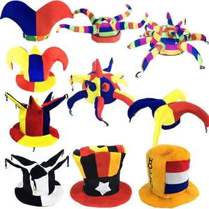 Collection of colorful plush jester hats and national flag fan hats for soccer events
