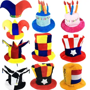 Assorted novelty party hats including birthday cake and flag designs