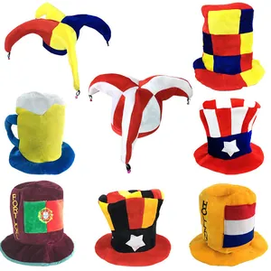 Collection of plush novelty party hats with various country flags and jester designs