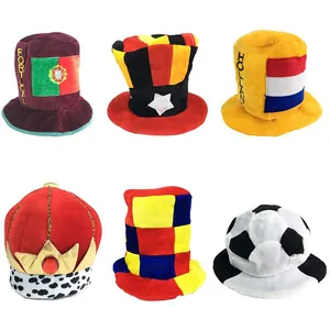 Showcasing a collection of national flag and soccer themed plush fan hats for 2026