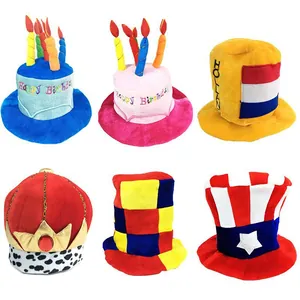 Detailed view of various colorful novelty party and fan hats made of soft plush fabric