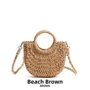Handcrafted paper straw woven handbag with round top handle in stylish beach brown