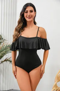 Elegant black one-piece swimsuit featuring ruffled off-shoulder sleeves and ribbed texture.