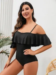 Women Fashion Ruffle Trim One-Piece Swimsuit Low Cut Spaghetti Strap Solid Black Ribbed Texture Bathing Suit Beachwear