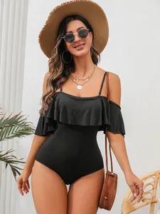 Stylish black one-piece swimsuit with ruffle flounce and spaghetti straps for women