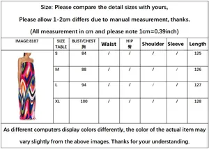 Detailed size chart for the printed strapless maxi dress including length and bust.