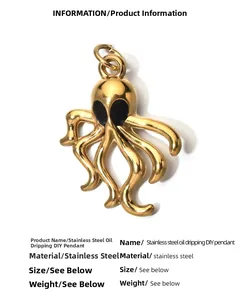 Detailed view of a gold-plated stainless steel octopus pendant with black enamel eyes