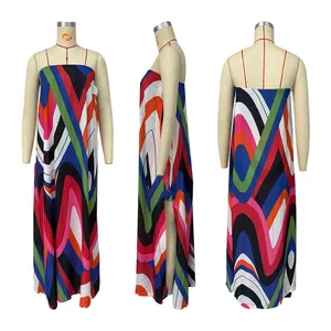 Detailed front, side, and back views of a colorful printed strapless maxi dress with high slit.