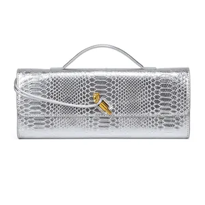 Elegant silver snakeskin pattern baguette clutch with gold knot buckle for women