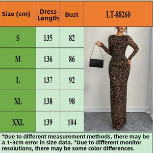 Elegant leopard print slim long sleeve mesh maxi dress for women with sizing chart data