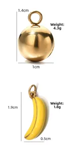 Stainless steel golden sphere and yellow banana enamel charms with dimensions and weight info