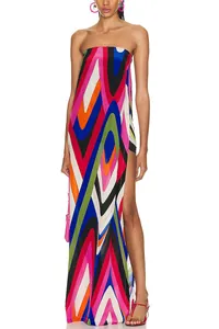 Full view detail of a vibrant geometric print strapless dress with a high slit