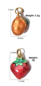 Detailed view of strawberry and fruit charms with weight and size specifications.
