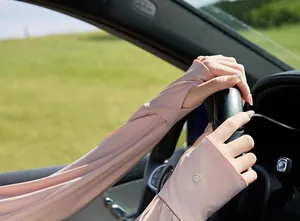 Close-up of pink ice silk sun protection sleeves for driving with finger hole