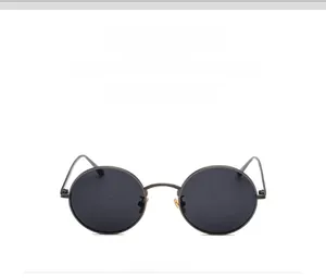 Front view of retro metal round frame sunglasses with gunmetal finish and dark lenses