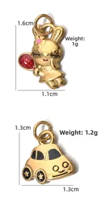 Macro view of cartoon rabbit and car stainless steel enamel pendants with dimensions.