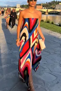 Vibrant abstract print strapless maxi dress with a sexy high slit for summer vacations