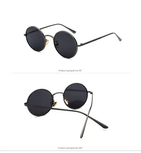 Retro round metal frame sunglasses shown in 90 and 180 degree perspective views.