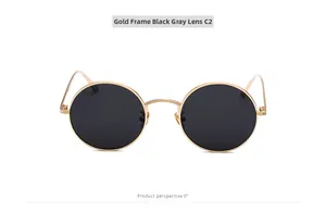 Classic retro round gold metal frame sunglasses with black lenses shown from a front view