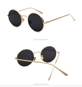 Detailed views of retro metal round frame sunglasses from 90 and 180 degree angles