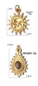 Detailed macro view of gold-tone sun moon and oval stone pendants with size labels