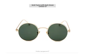 Retro round metal frame sunglasses with dark green lenses and gold finish detail