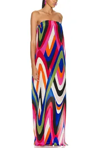 Full view of women's vibrant wavy geometric print strapless tube top maxi dress