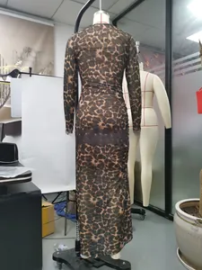 Back view of leopard print sheer mesh long sleeve bodycon maxi dress on mannequin