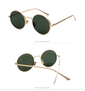 Detail view showing 90-degree and 180-degree perspectives of retro round sunglasses.