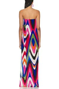 Back view of a vibrant colorful wavy print strapless maxi dress with slit for women
