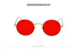 Front view of retro round sunglasses with gold metal frame and red lenses