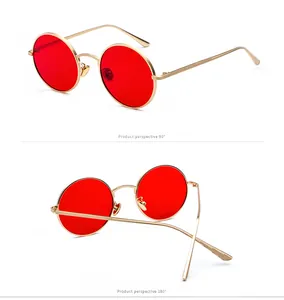 Detailed view of retro round metal sunglasses with red lenses at 90 and 180 degrees.