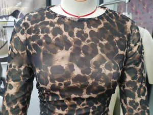 Detailed view of sheer leopard print mesh fabric on a sexy slim fit long sleeve dress