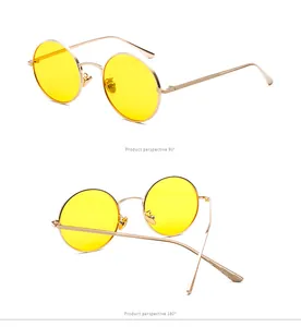 Retro round metal frame sunglasses with yellow lenses shown from multiple perspectives