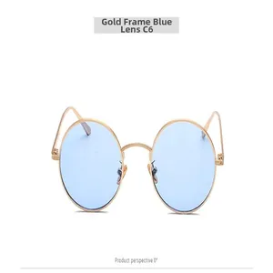 Vintage round gold metal frame sunglasses with light blue lenses, 0° perspective detail.