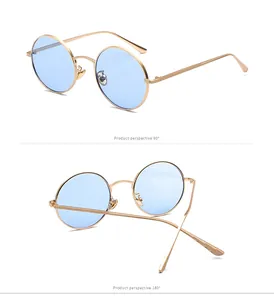 Detail views of retro round sunglasses with gold metal frame and blue tinted lenses