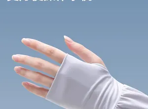 Close-up of thin ice silk sun protection sleeve in light purple on hand.