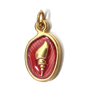 Elegant gold-plated stainless steel oval pendant with red enamel and golden seashell motif.
