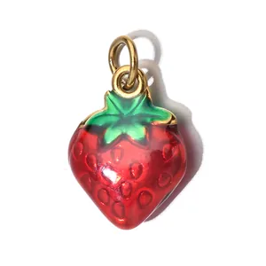 Vibrant red enamel strawberry charm pendant in gold-plated stainless steel for DIY.