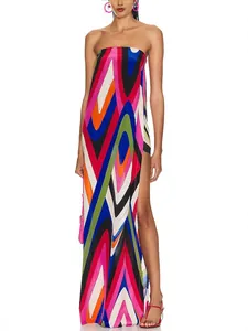 Colorful abstract print strapless maxi dress with sexy high side slit for women